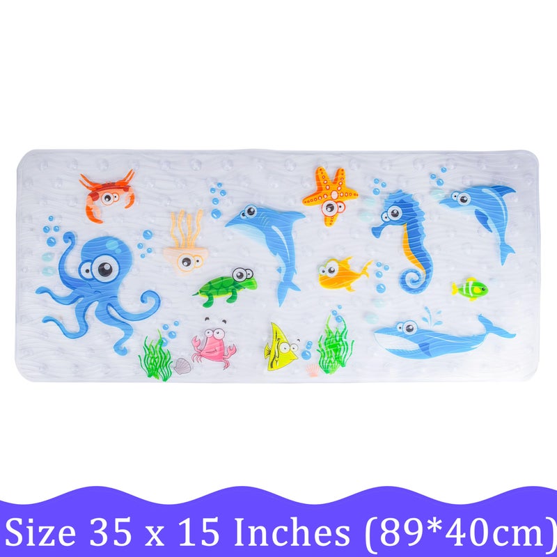 BeeHomee Cartoon Non Slip Bathtub Mat for Kids - 34x15 Inch XL Large Size Anti Slip Shower Mats for for Toddlers Children Baby Floor Tub Mats (Blue Ocean) - Image 4